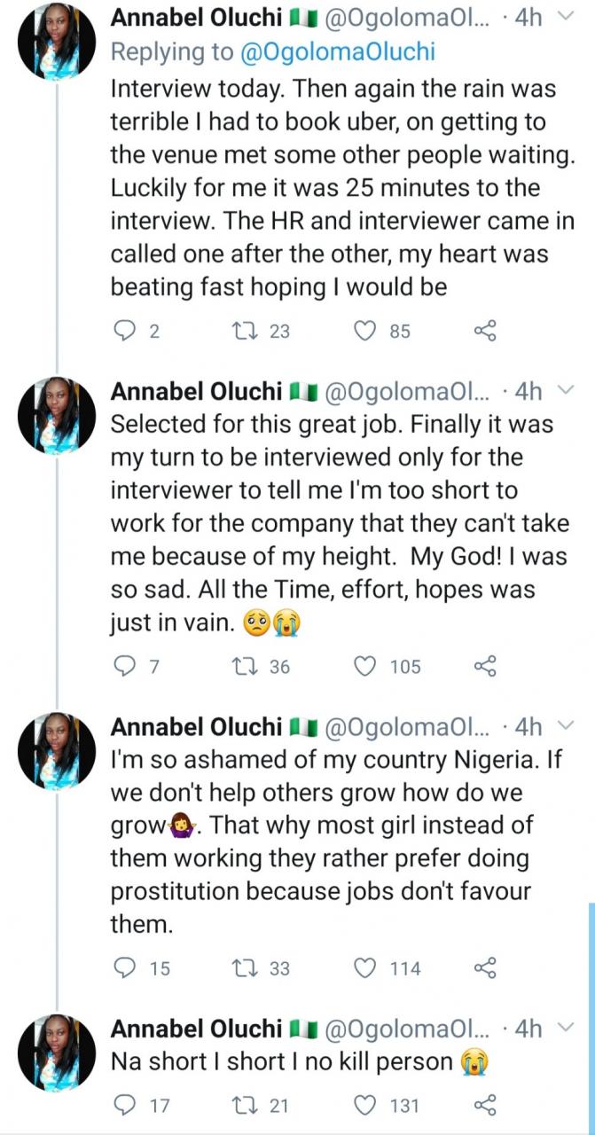 Woman laments after she was rejected for a job because she is short 