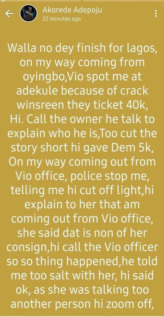 Lagos mechanic who encountered police, LASTMA and VIO on the same day rants on WhatsApp 
