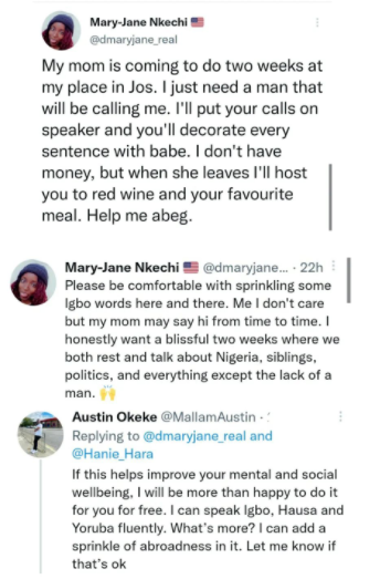 Nigerian lady finds help after coming on Twitter to search for a man who would pose as her boyfriend before her mum