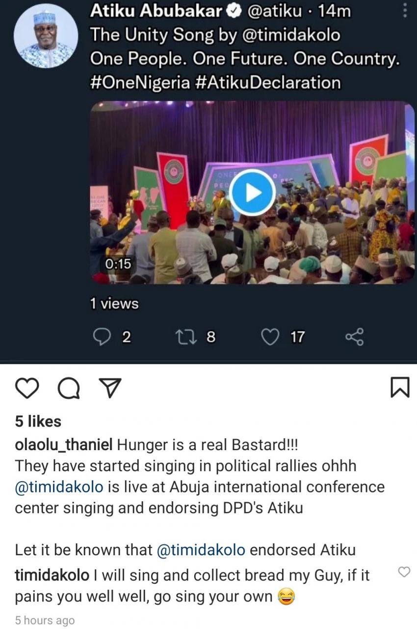 Timi Dakolo responds after he was called out for singing at Atiku