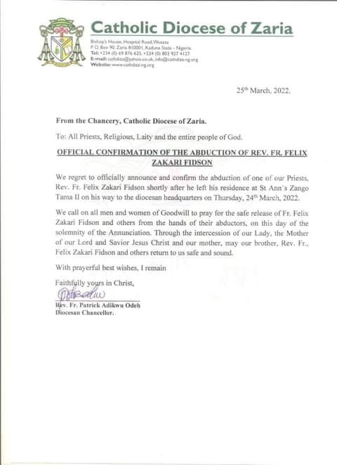 Bandits abduct Catholic priest in Kaduna 