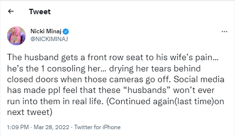 You just got to witness in real time when the woman he loves is holding back tears from a ?little joke? - Nicki Minaj sides with Will Smith after he smacked Chris Rock over joke about his wfe