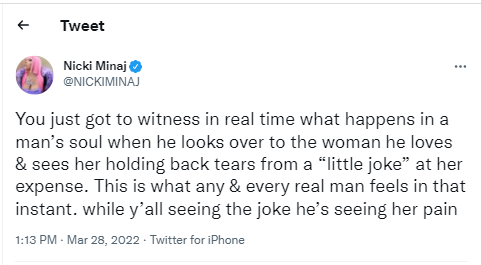 You just got to witness in real time when the woman he loves is holding back tears from a ?little joke? - Nicki Minaj sides with Will Smith after he smacked Chris Rock over joke about his wfe