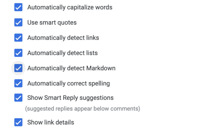 Screenshot of the Google Docs preferences pane, with the “Automatically detect Markdown” option selected.