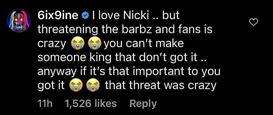 6ix9ine comments on Nicki Minja threatening to delay her album