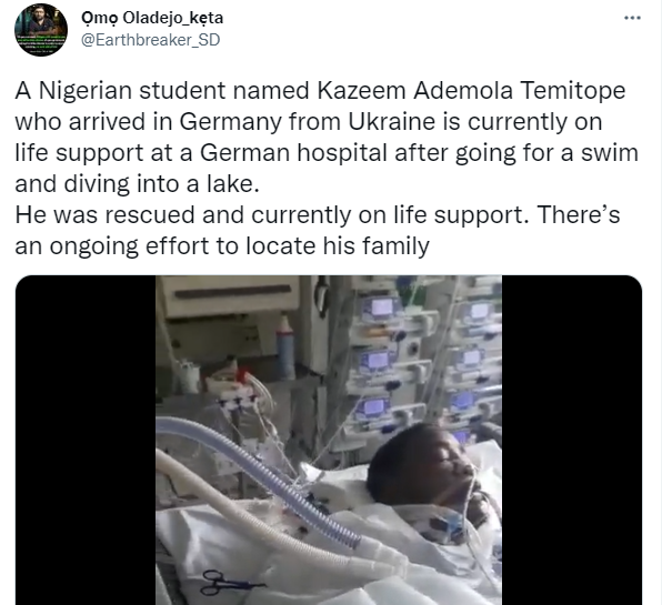 Nigerian student who left Ukraine for Germany currently on life support after allegedly going for a swim in a lake (video)