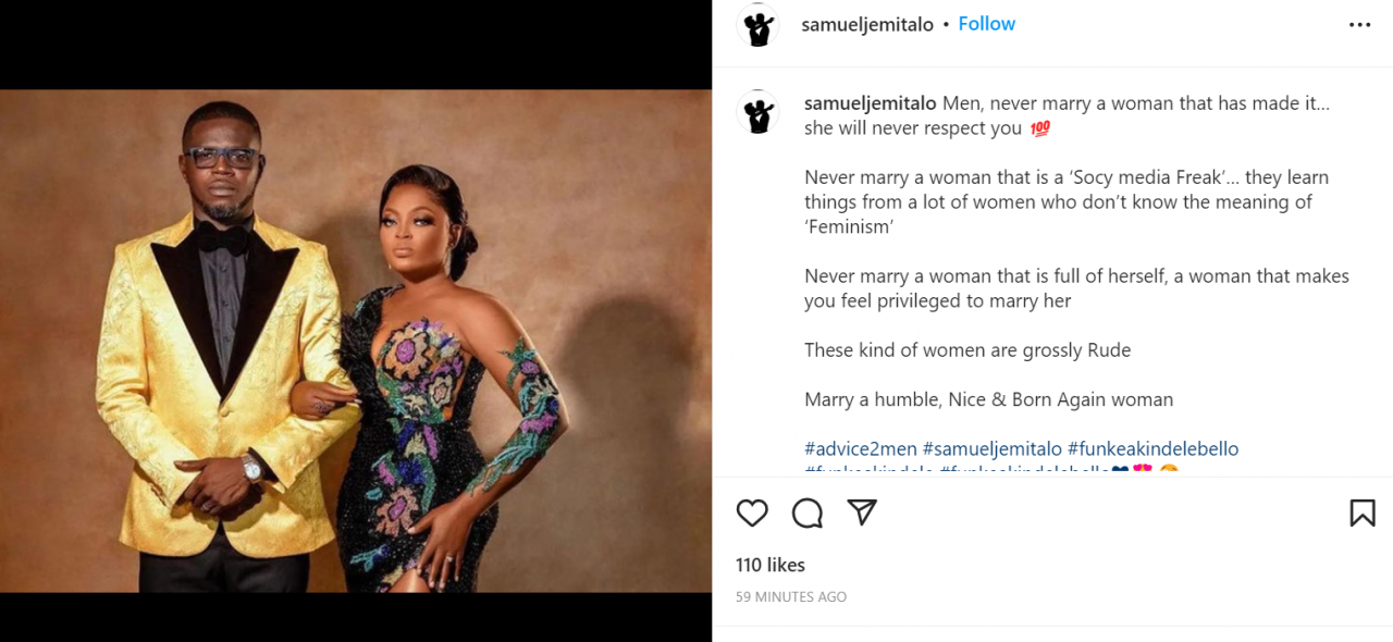 Never marry a woman that has made it, she will never respect you - Actor Samuel Jemitalo advices men as he reflects on Funke Akindele and JJC Skillz