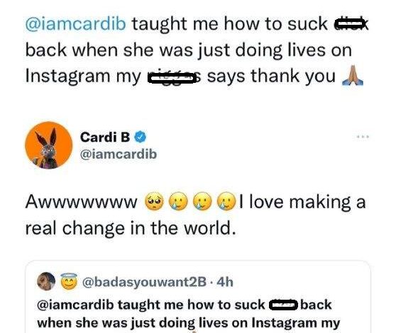 Rapper Cardi B replies female fan who gave her credit for teaching her?how to suck d**k?
