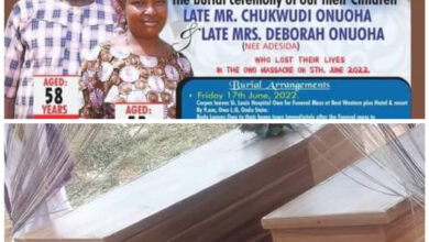 Owo church massacre: Couple laid to rest amidst tears in Ebonyi (video)