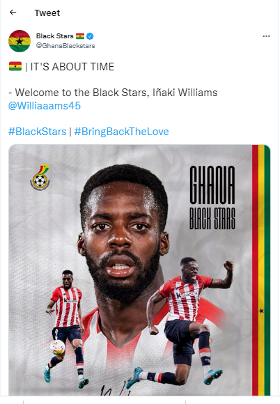 Atletico Bilbao striker, I?aki Williams switches international allegiance from Spain to Ghana ahead of 2022 World Cup