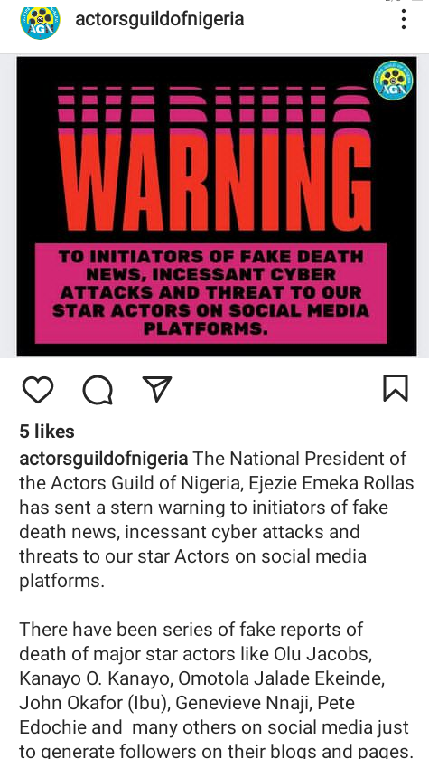 Actors Guild of Nigeria issues warning to initiators of fake death news, cyber attacks and threats to star actors on social media