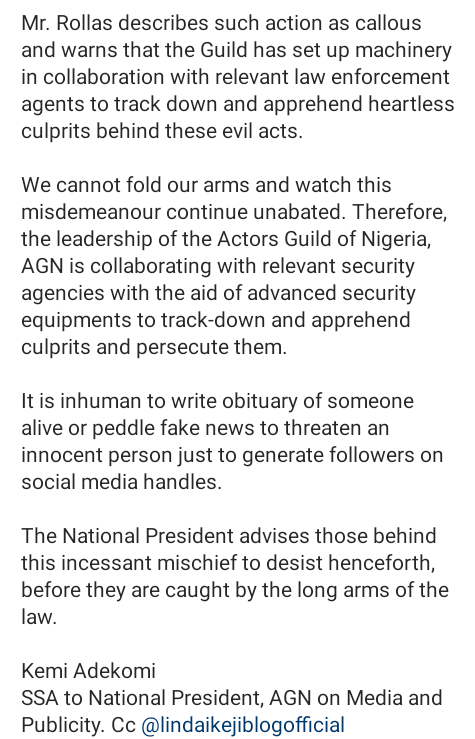 Actors Guild of Nigeria issues warning to initiators of fake death news, cyber attacks and threats to star actors on social media