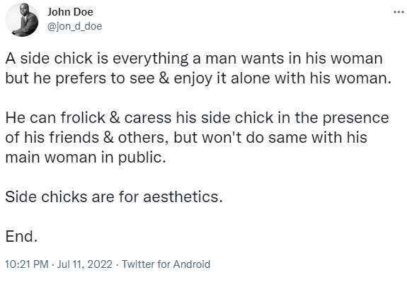 A side chick is everything a man wants in his woman - Media personality Jon Joe