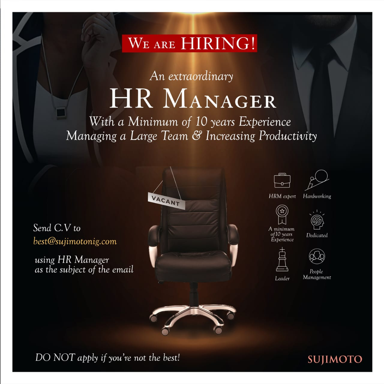 Join The Leagues Of The Best Minds - Sujimoto is hiring (HR Manager, Logistics Manager, Facility Manager, Internal Auditor)