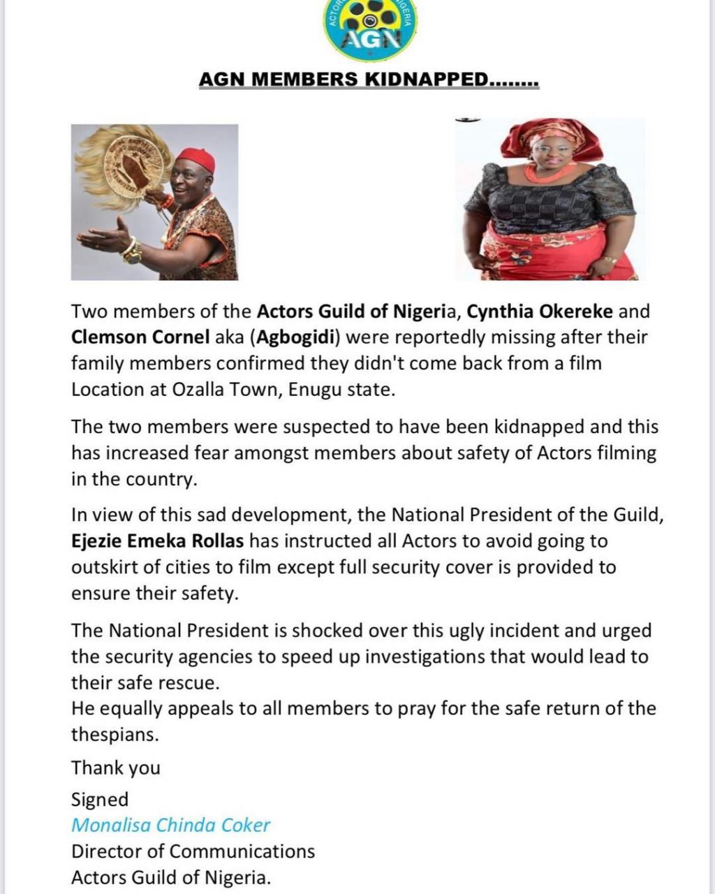 Actors Cynthia Okereke and Clemson Cornel kidnapped