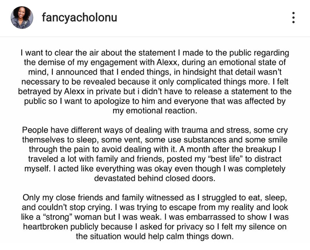 Fancy Acholonu clears the air as she apologises for her choice of words while announcing her separation from Alex Ekubo