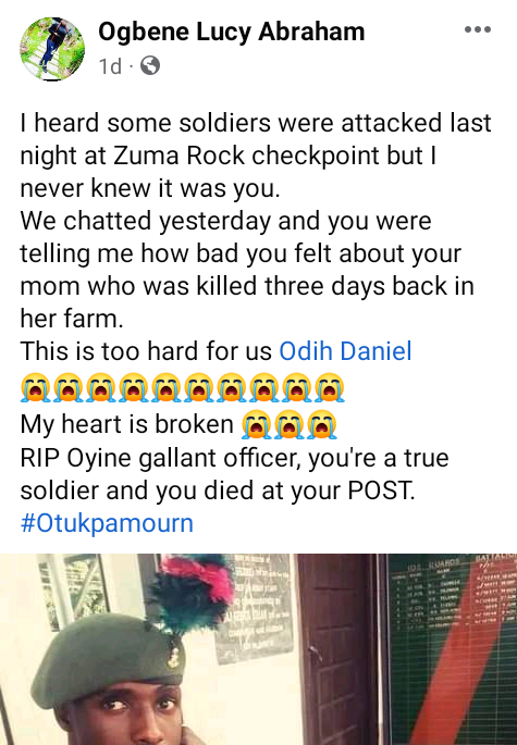 Soldier killed by terrorists during attack on military checkpoint near Abuja 4 days after his mother was murdered by suspected herdsmen in Benue 