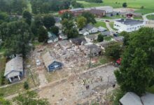 An overhead photo of damage from a house explosion in the 1000 block of North Weinbach Avenue.
