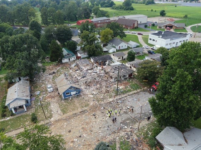 An overhead photo of damage from a house explosion in the 1000 block of North Weinbach Avenue.