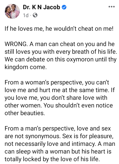A man can cheat on you and still love you with every breath of his life  - US-based Kenyan preacher Dr. K N Jacob, says 