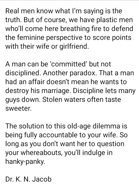 A man can cheat on you and still love you with every breath of his life  - US-based Kenyan preacher Dr. K N Jacob, says 