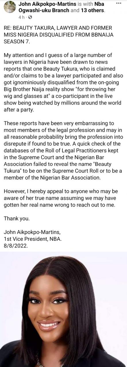 Her name is not on the Roll of Lawyers ? NBA disowns disqualified BBNaija housemate, Beauty Tukura