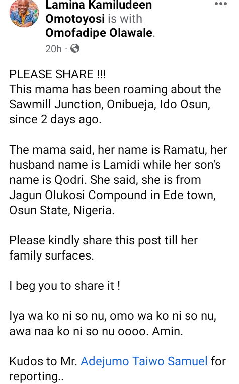 Man seeks help to locate family of elderly woman found roaming in Osun 