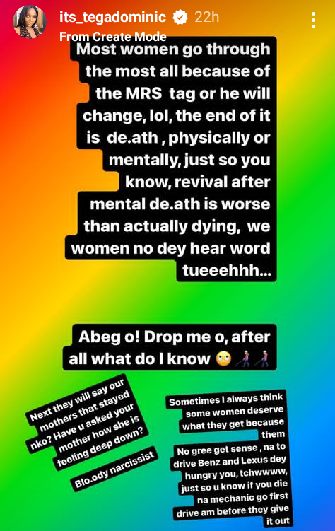 Domestic violence: Some women deserve what they get because they refuse to leave abusive marriages - BBNaija Tega Dominic says 