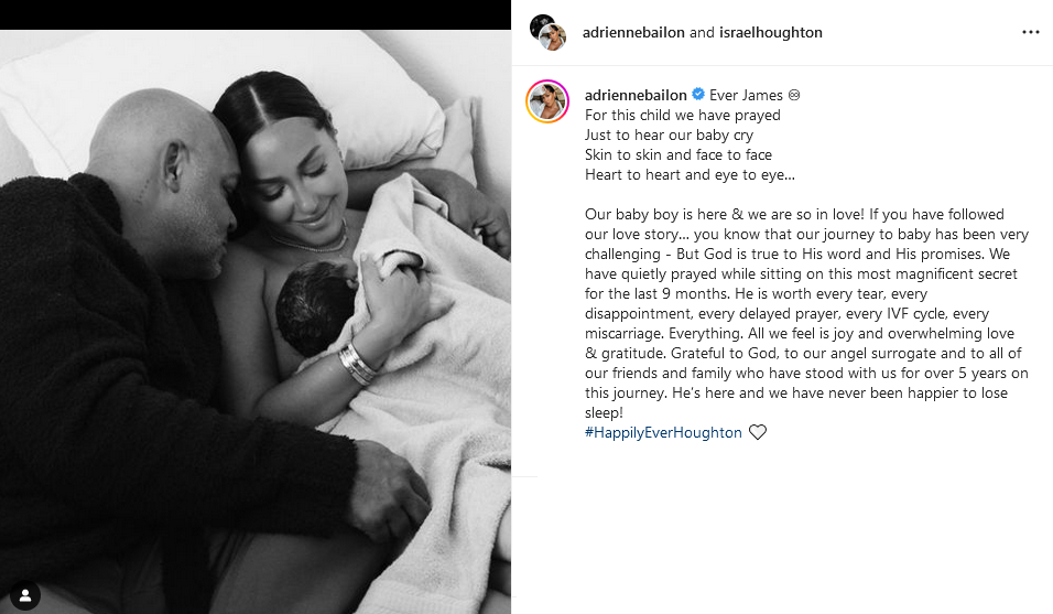   TV personality, Adrienne Bailon and Gospel singer Israel Houghton welcome new baby boy via surrogacy