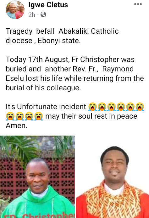 Ebonyi Catholic priest dies in auto crash in front of church after attending his colleague