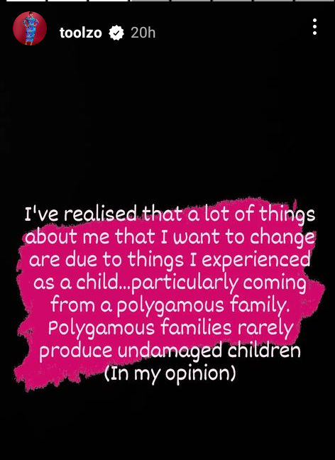 Polygamous families rarely produce undamaged children - Media personality, Toolz says 