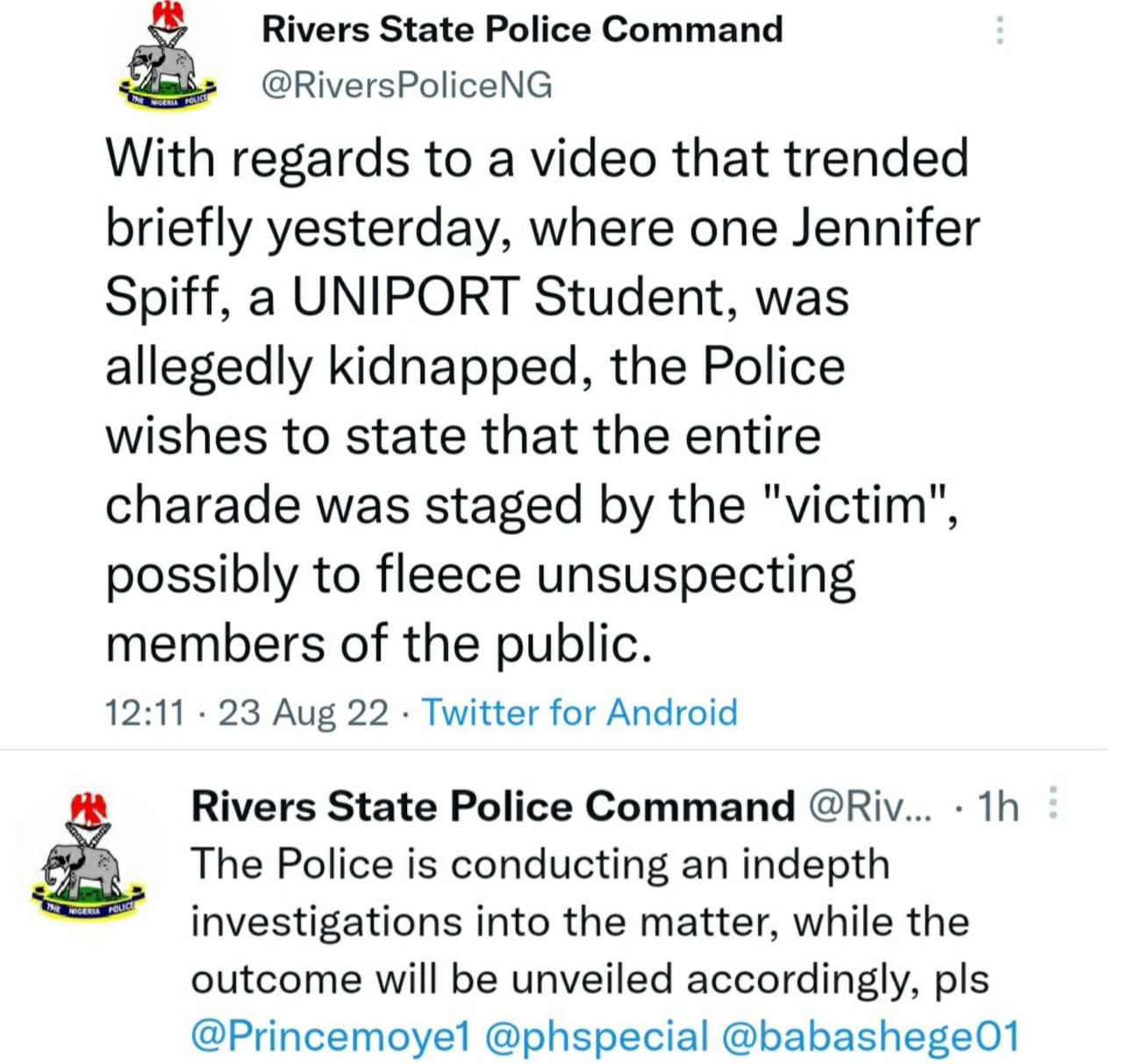  It was staged - Rivers state police command dismisses trending video of UNIPORT student claiming she was kidnapped