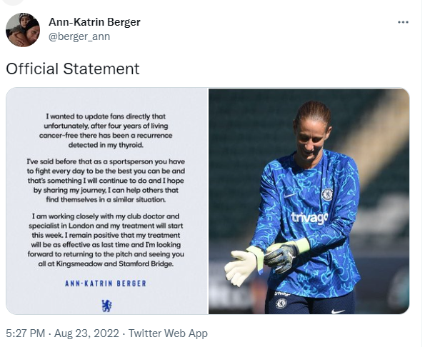 Chelsea Women goalkeeper Ann-Katrin Berger reveals she has thyroid cancer after four years in remission
