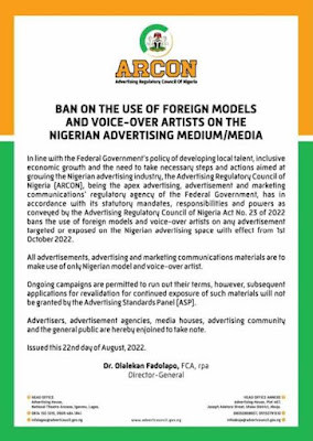 ARCON bans use of foreign models and voice over artists for adverts