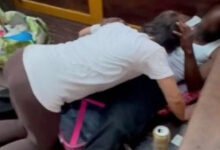 Couple having oral s3x in outdoor dining area caught by worker